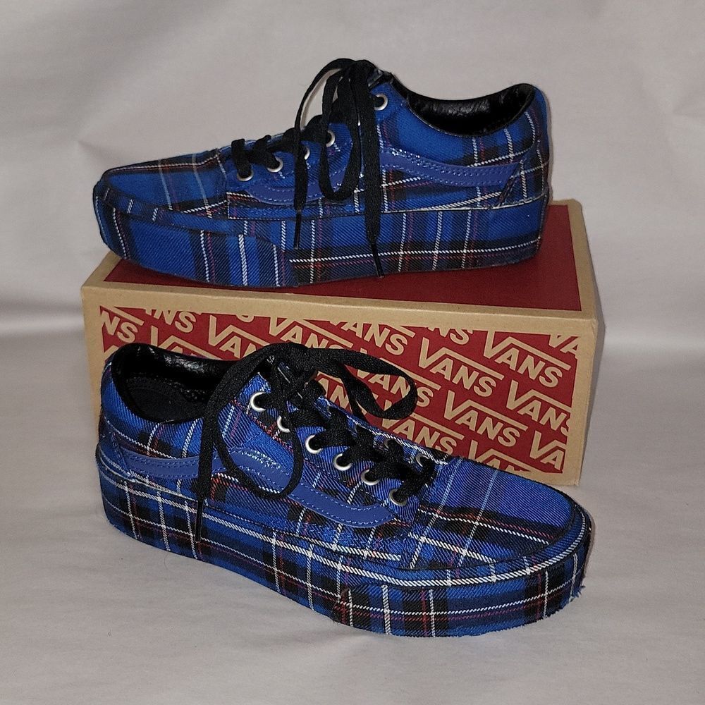 Vans Old Skool Platform Patent Plaid Blue Black Sneaker Shoes Women 5.5 Men 7 - Picture 12 of 15